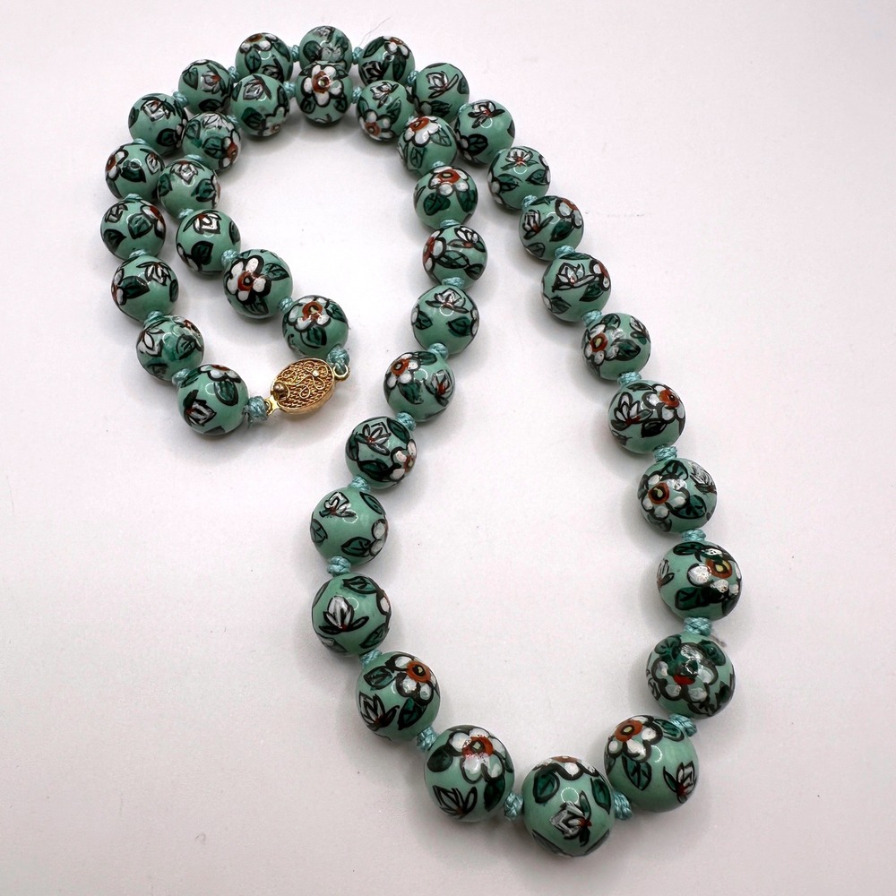Vintage Chinese Hand Painted Ceramic Floral Beaded Necklace 24 Inch Teal Green
